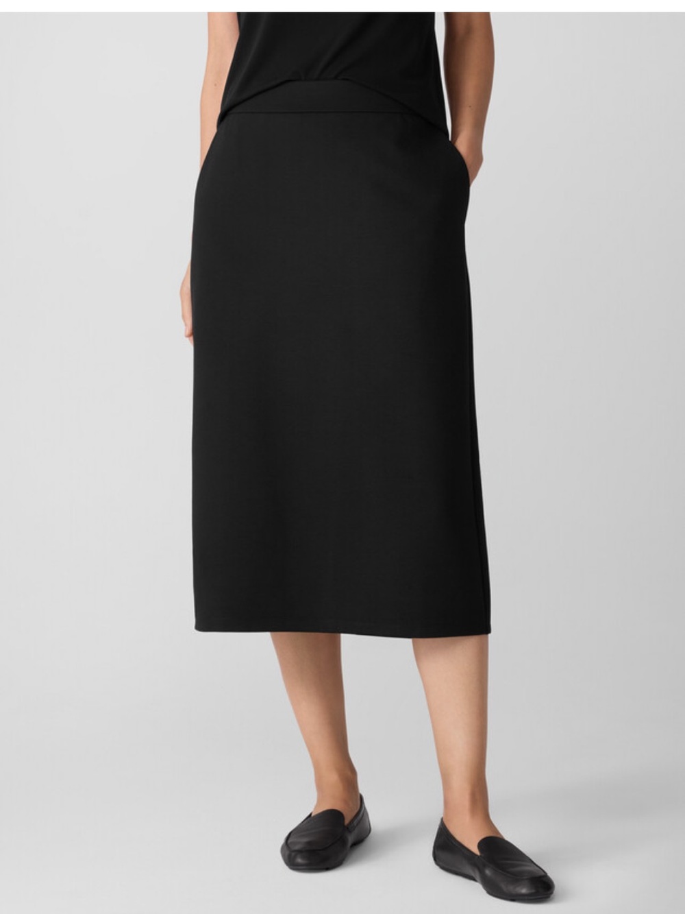 Eileen Fisher Classic Black Viscose Stretch Ponte Midi Pencil Skirt SZ M